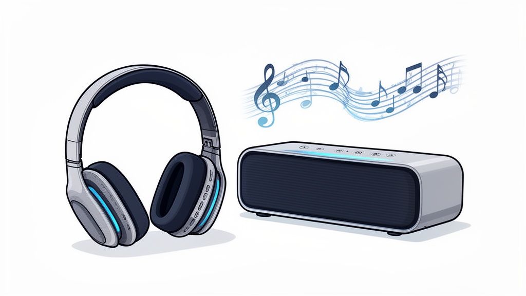 Stylish headphones and a wireless speaker with musical notes, ideal gifts for music lovers.
