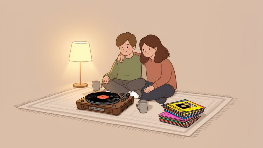 An illustrated couple sits on a rug, listening to music from a record player in a cozy room.
