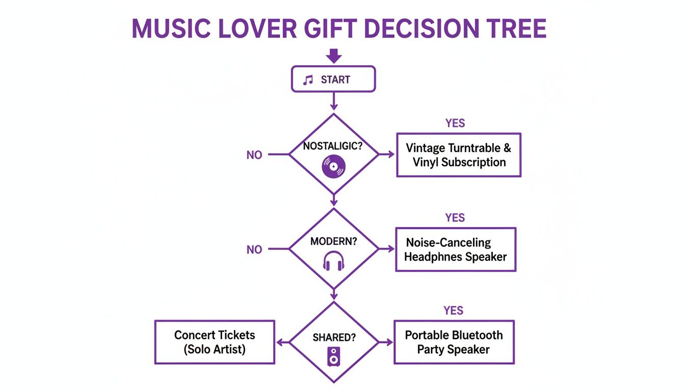 A music lover gift decision tree flowchart, guiding choices like vintage turntable, noise-canceling headphones, or concert tickets.