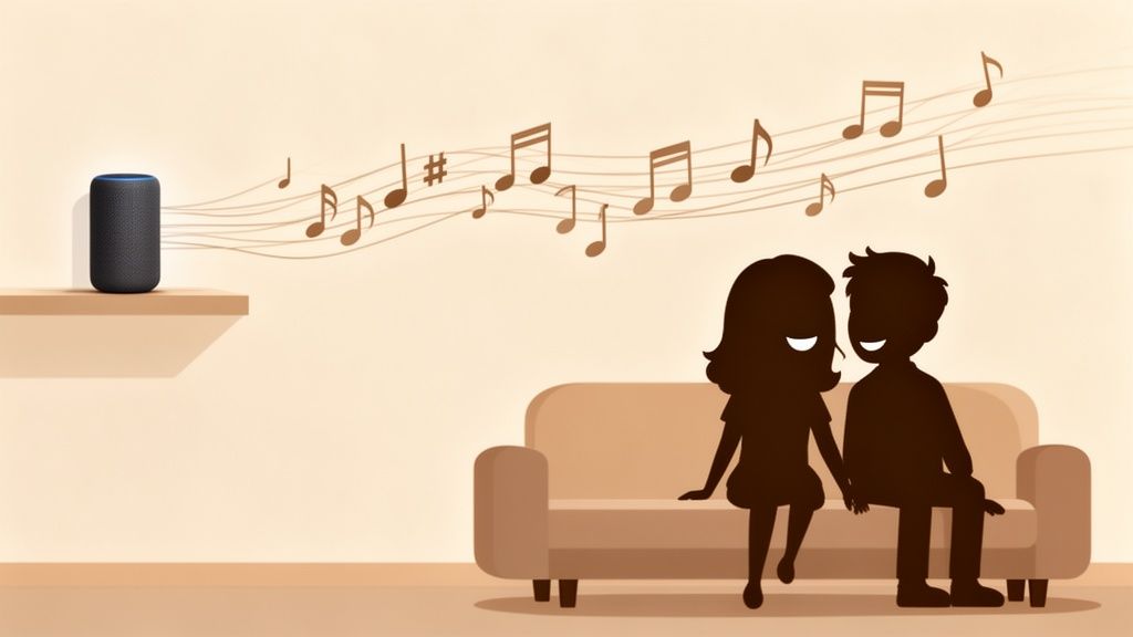 A smart speaker on a shelf plays music for a silhouetted couple relaxing on a sofa.
