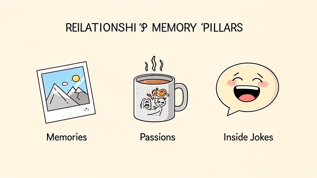 Three cartoon icons representing relationship memories, shared passions, and inside jokes.