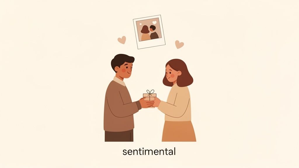 An illustration of a couple exchanging a gift, with a photo of them and hearts above, depicting sentimental value.