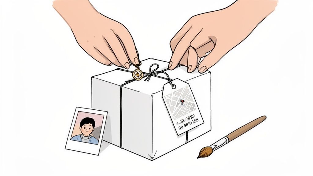 Hands carefully tying a ribbon on a white gift box with a charm, tag, and child's photo.