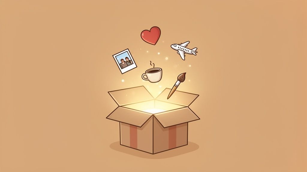 An open, glowing cardboard box releasing icons of love, travel, art, and coffee.