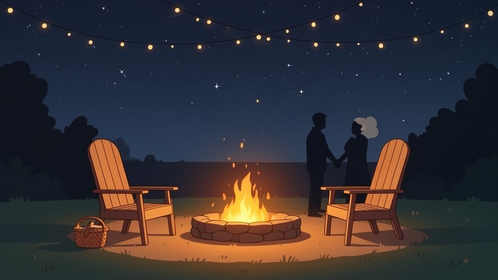 A couple holds hands by a warm campfire at night under string lights and a starry sky.