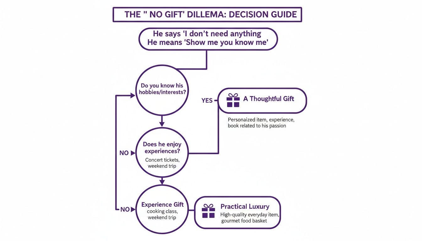 Flowchart decision guide for choosing a gift when someone says they need nothing, considering hobbies and experiences.