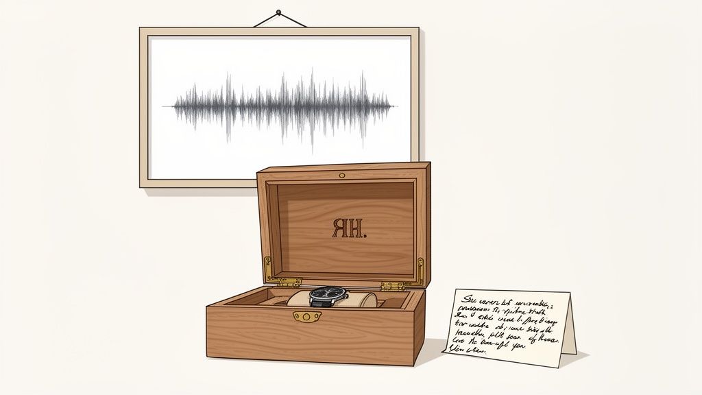 A framed sound wave art hangs above a wooden watch box with a watch and a handwritten note.