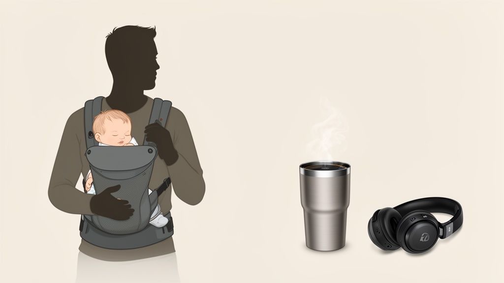 Illustration of a new dad carrying a sleeping baby in a carrier, with coffee and headphones.