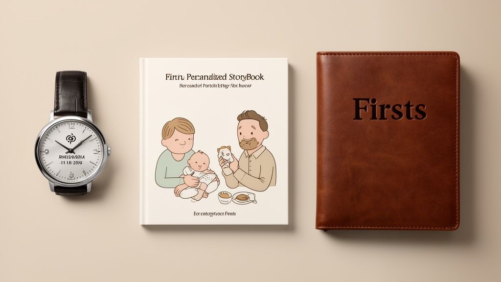 Three thoughtful new dad gifts: a watch, a personalized storybook, and a brown 'Firsts' journal.