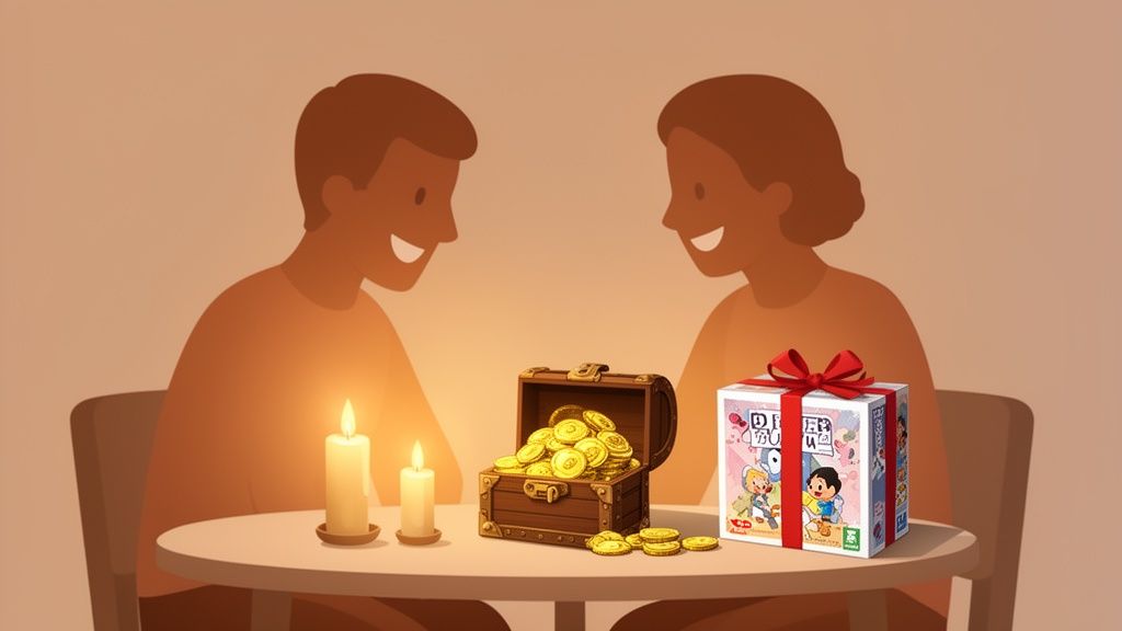 Two smiling silhouettes enjoy a candlelit dinner with a treasure chest and a board game gift.