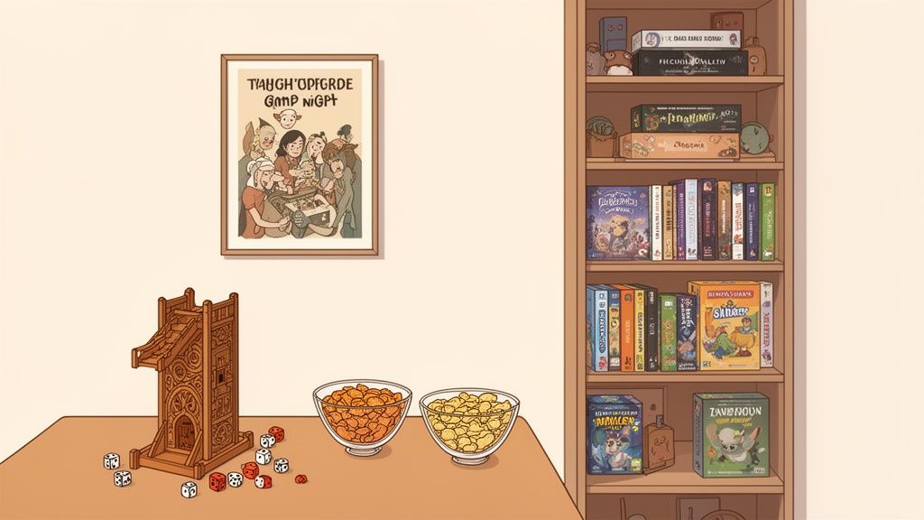 An inviting game room illustration with a dice tower, snacks, and shelves packed with board games.
