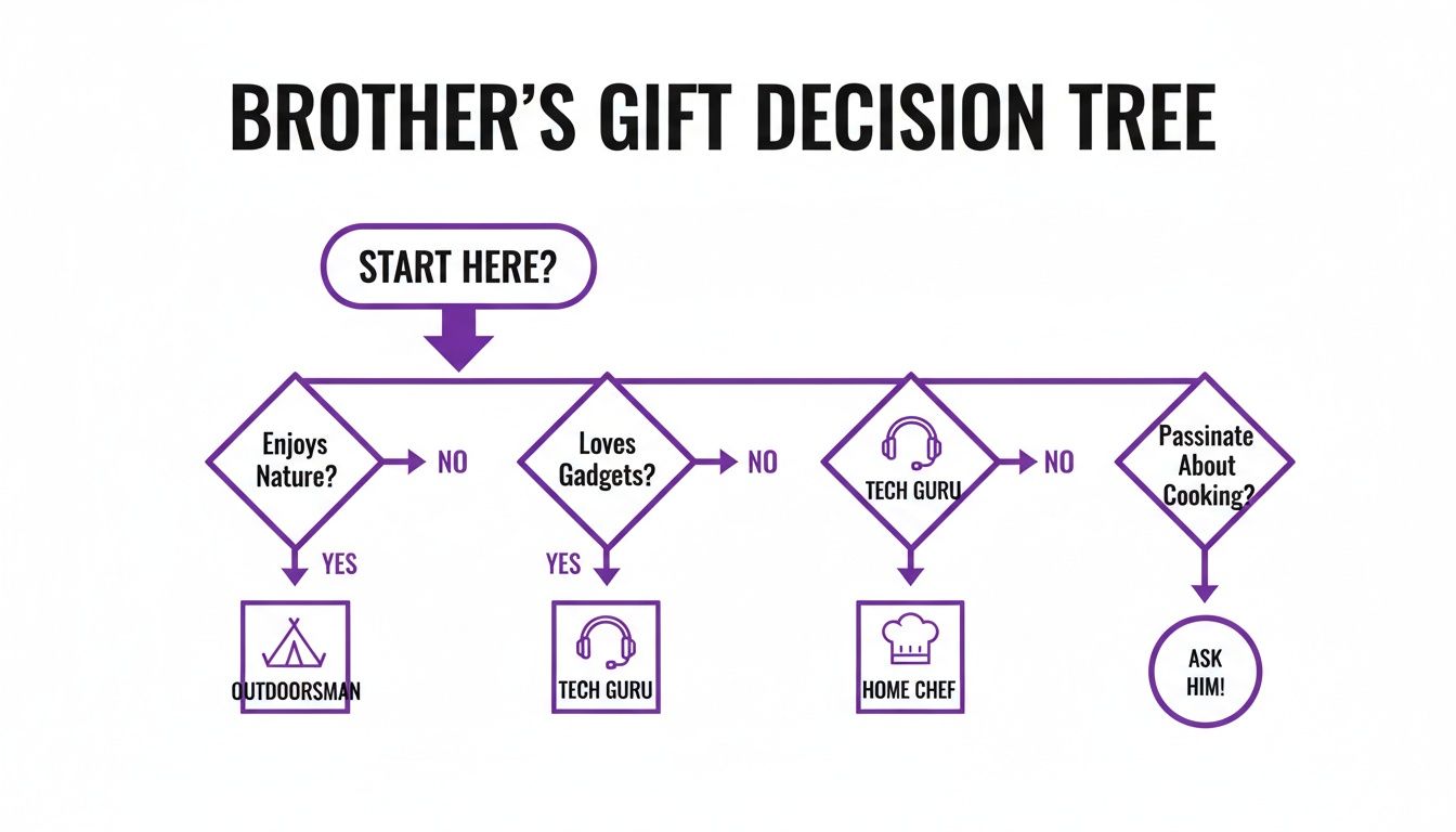A flowchart titled "Brother's Gift Decision Tree" guides gift choices based on interests: nature, gadgets, and cooking.