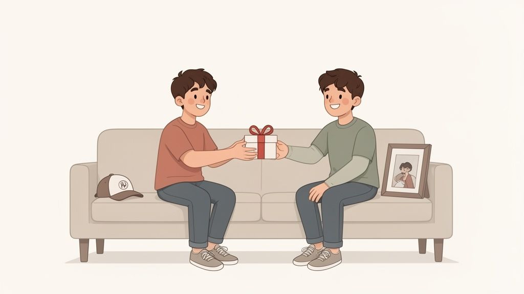 Two smiling brothers sit on a couch, one giving a wrapped gift to the other.