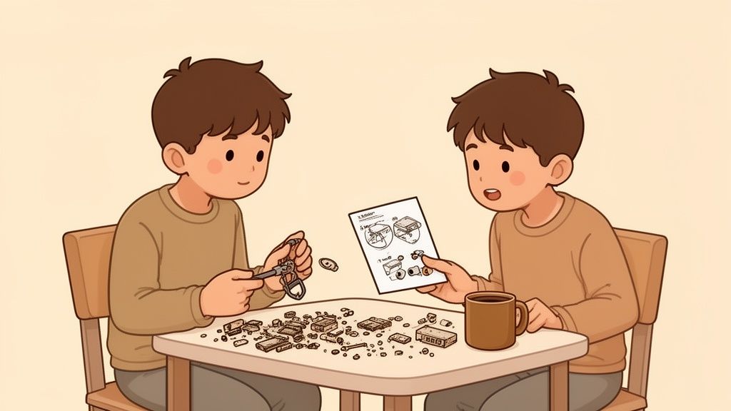 Two boys assembling a model kit with parts, tools, and instructions on a table.