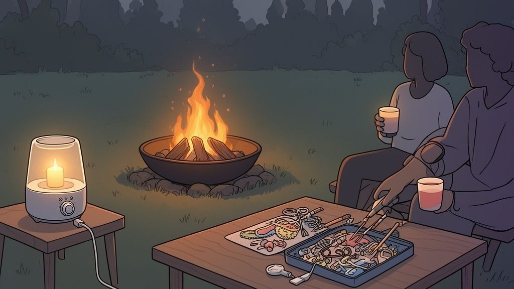 Two people enjoy a cozy outdoor evening with a warm campfire, a glowing lantern, and a table of items.