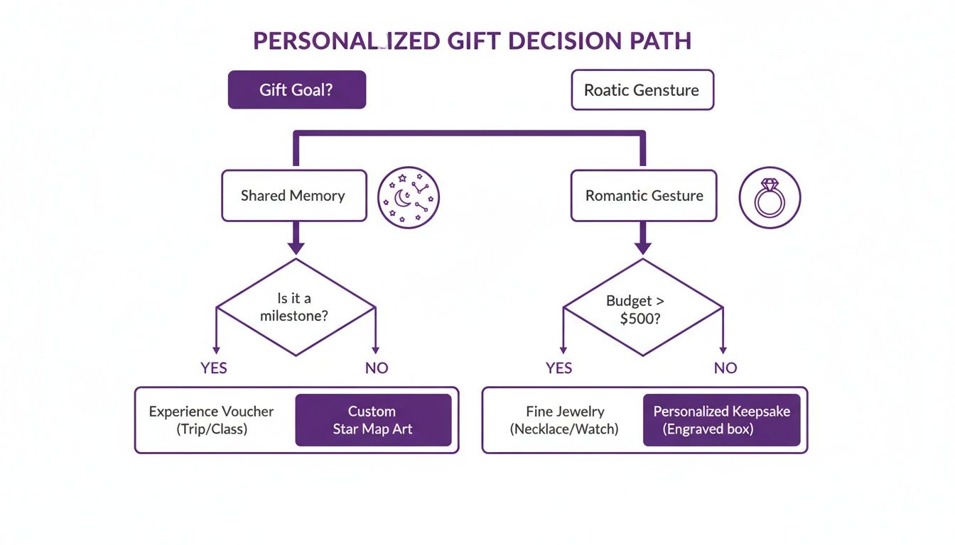 Flowchart outlining a personalized gift decision path based on goals like shared memories or romantic gestures.