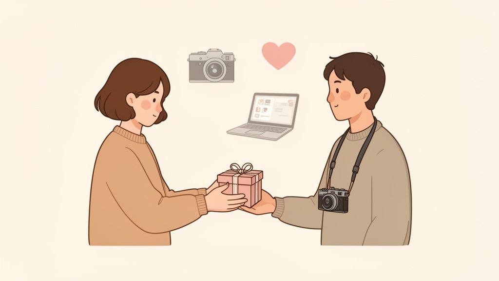 A man and a woman exchanging a pink gift box, with icons of a camera, laptop, and heart.