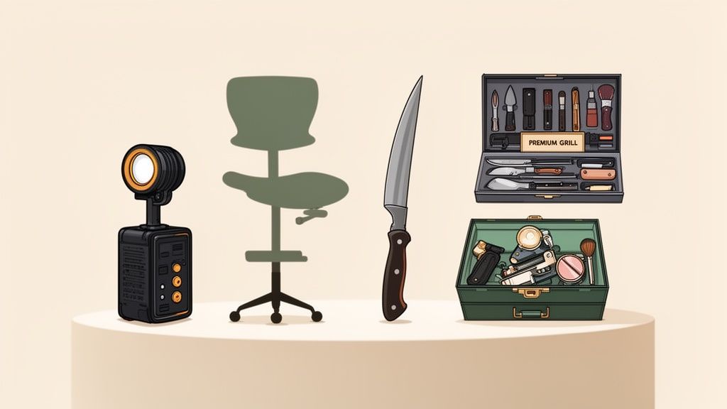 A stylized image displaying a video light, a knife, grilling tools, and various gadgets in open cases.