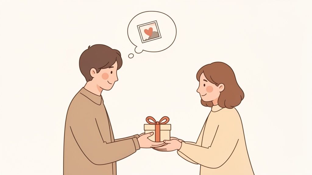 Illustrated couple exchanging a gift, symbolizing love and thoughtful gestures.