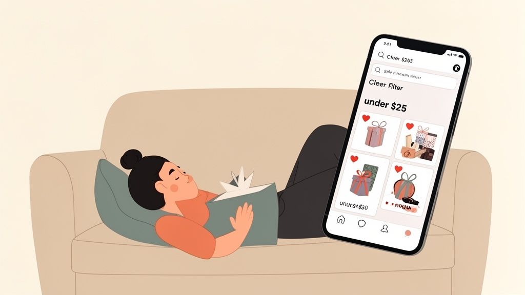 An illustration of a person relaxing on a couch, reading a book, next to a phone showing gifts under $25.