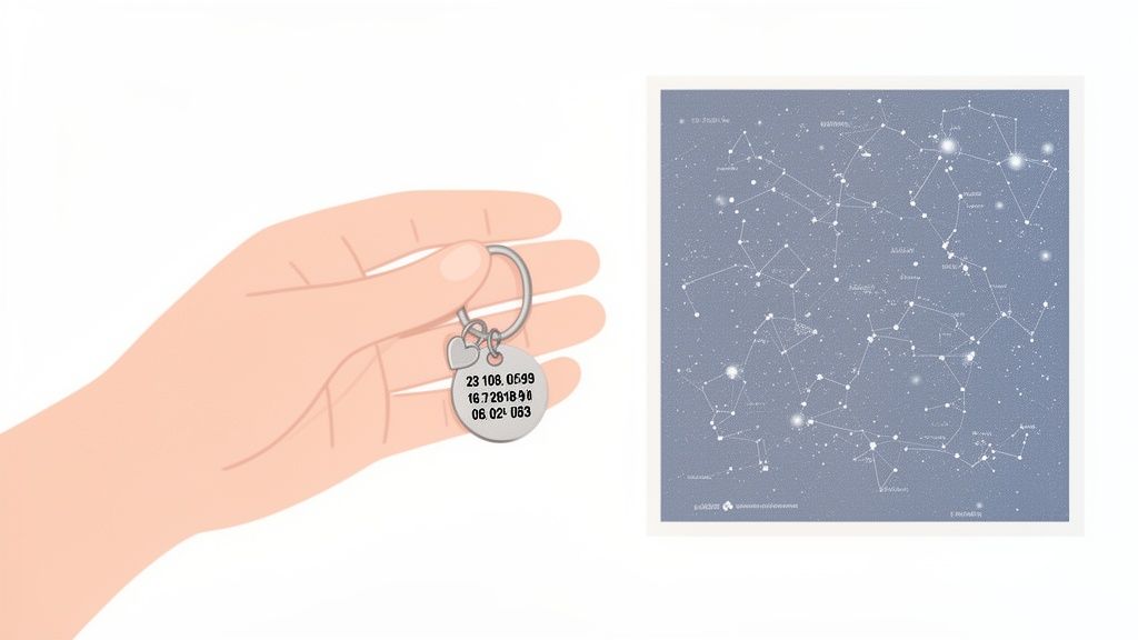 A hand holding a silver keychain with engraved numbers, next to a detailed star map poster.