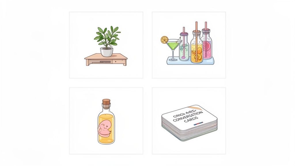 Four illustrations: a potted plant, colorful drinks, a fetus in a bottle, and conversation cards.