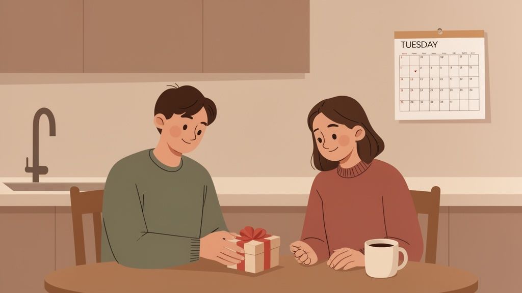 A man in a green sweater gives a present with a red ribbon to a smiling woman at a table.