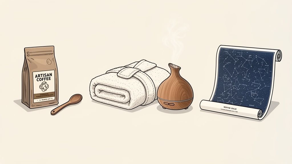 A collection of cozy items: artisan coffee, a fluffy towel, an essential oil diffuser, and a star map.