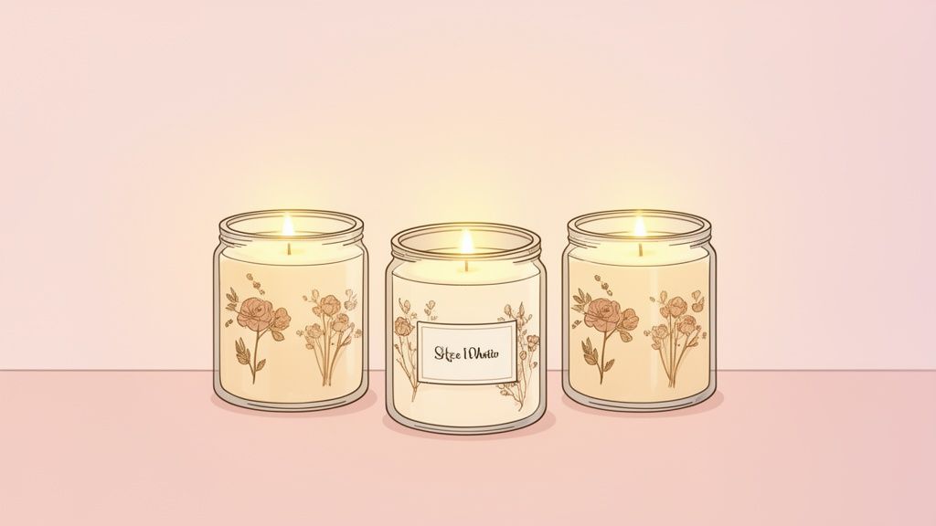 Three lit candles in glass jars with floral designs on a soft pink background.