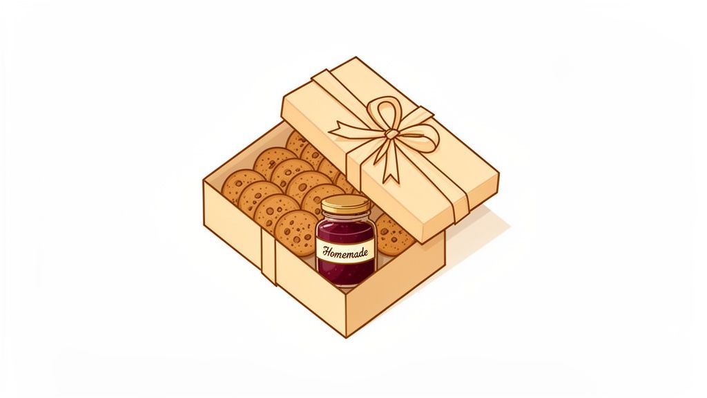 An open beige gift box filled with homemade chocolate chip cookies and a jar of jam labeled 'Homemade'.