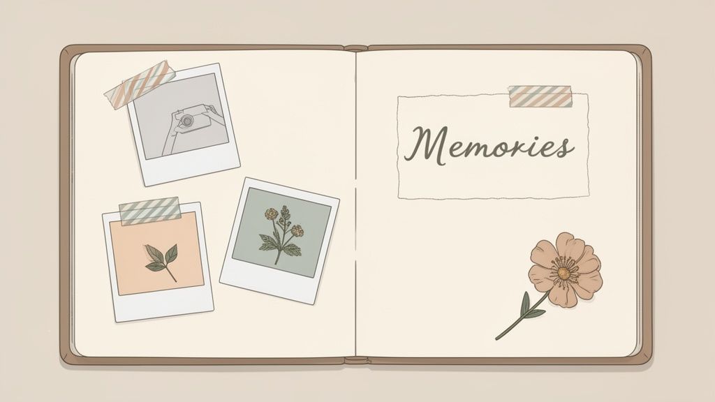 An open scrapbook filled with polaroid photos, handwritten "Memories" title, and a delicate flower drawing.