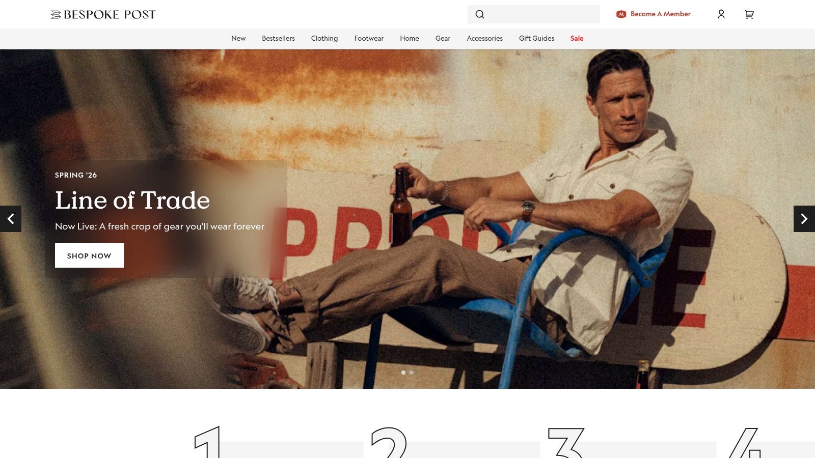 Bespoke Post website interface showing curated themed boxes for men