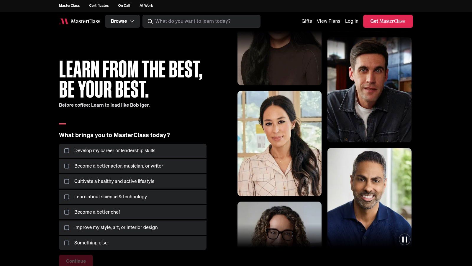 MasterClass website interface showing a variety of gift ideas for husbands