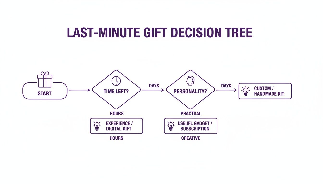 A flowchart illustrating a last-minute gift decision tree, guiding choices based on time and recipient's personality.