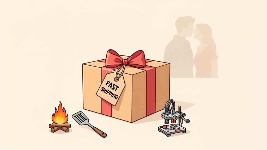 A gift box with a fast shipping tag, next to a campfire, spatula, and a small machine. A faint couple silhouette is in the background.