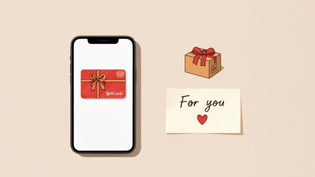 A smartphone displays a digital gift card, a small gift box, and a 'For you' note.