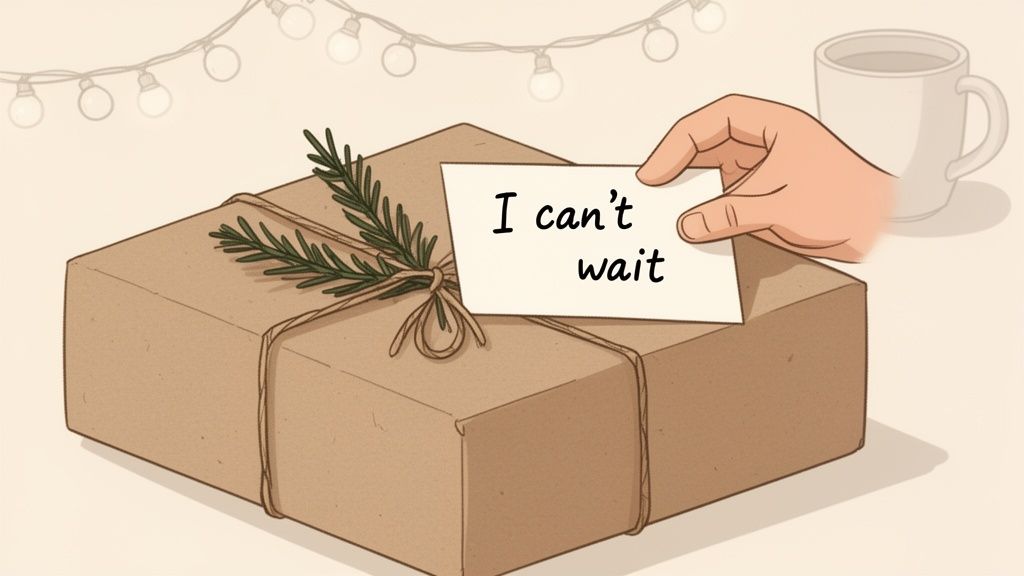 A hand places a white 'I can't wait' card on a brown gift with greenery and string lights.