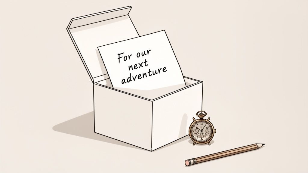 An open white box holds a note saying 'For our next adventure', with a clock and pencil nearby.