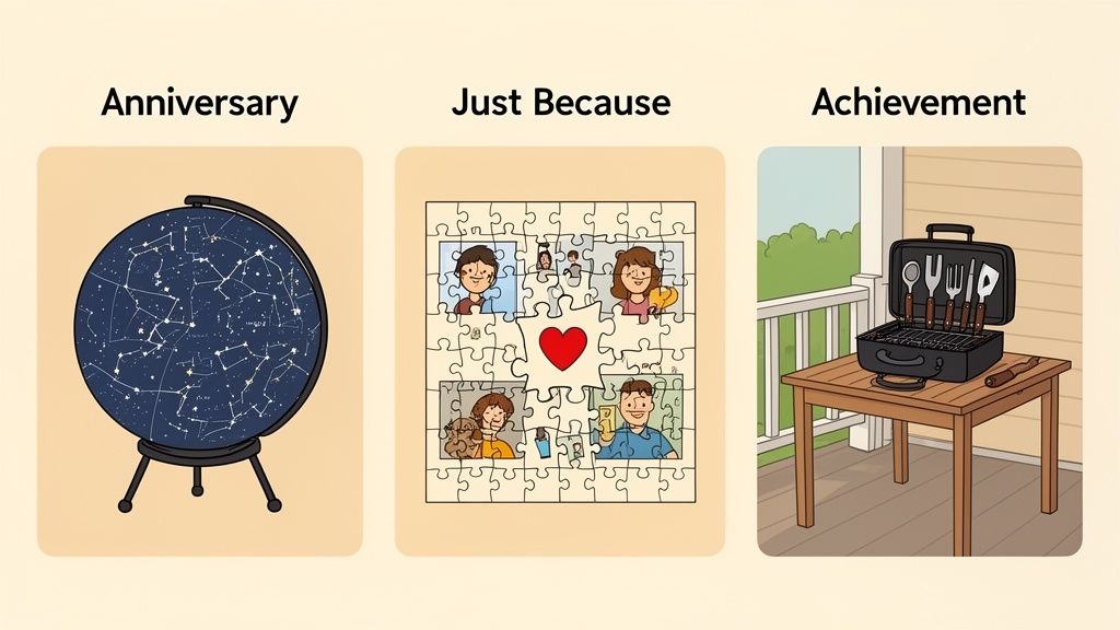 Three personalized gift ideas: a star map globe, a photo puzzle, and a BBQ grill set.