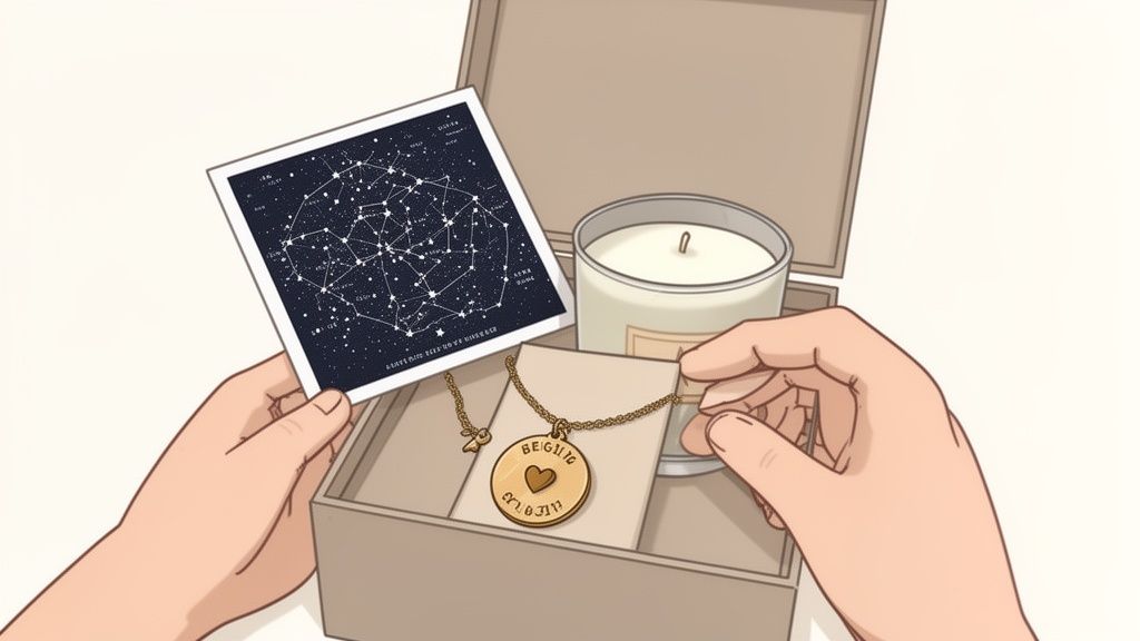 Close-up of hands revealing a thoughtful gift set with a star map and personalized necklace.