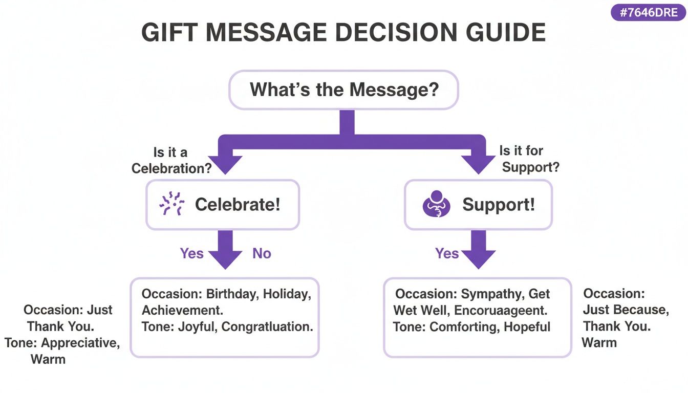 Flowchart guide for gift messages: choose celebrate, support, or appreciative based on occasion and tone.