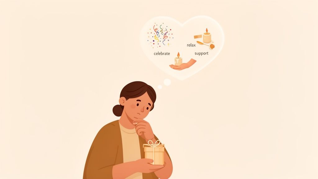A woman ponders different gift ideas to celebrate, relax, or offer support.