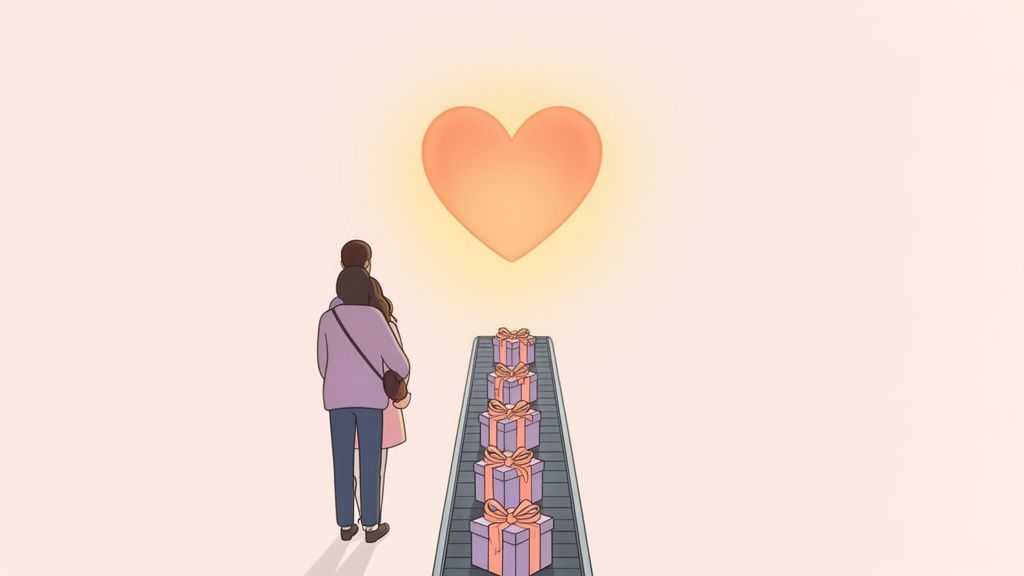 A couple looks at a glowing heart above a conveyor belt carrying gift boxes.