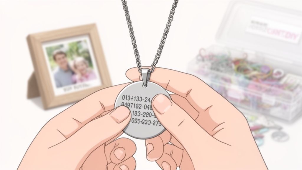 Hands hold a silver dog tag pendant with numbers, while a blurry framed photo and craft supplies are in the background.