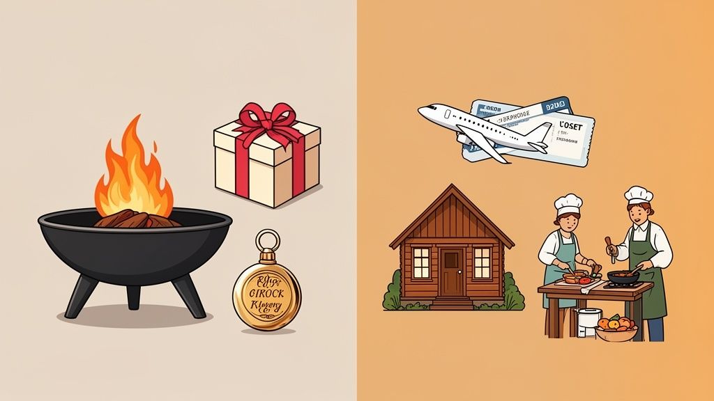 A collection of items representing different experiences: BBQ, gift, locket, travel, home, and cooking.