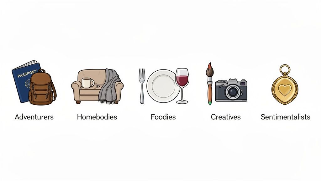 Illustrations of five personality types: Adventurers, Homebodies, Foodies, Creatives, and Sentimentalists, with representative objects.