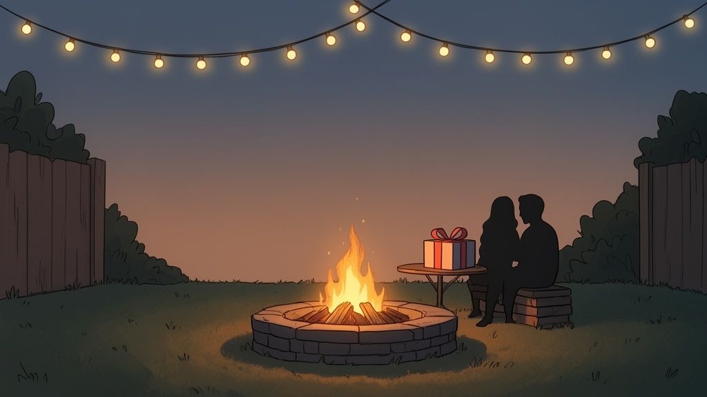 A romantic backyard scene with a silhouetted couple by a warm campfire and string lights.