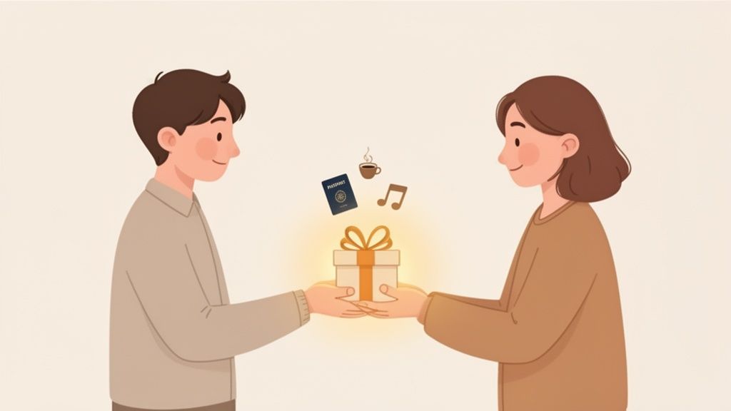 An illustration of a man and woman exchanging a glowing gift box, with a passport, coffee, and music note floating above.