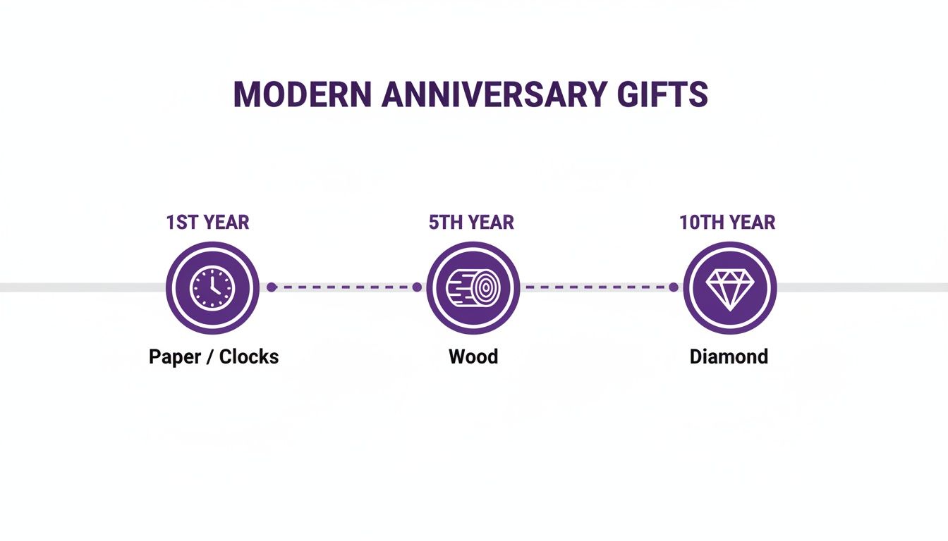 Infographic showing modern anniversary gifts: 1st year (Paper/Clocks), 5th year (Wood), 10th year (Diamond).