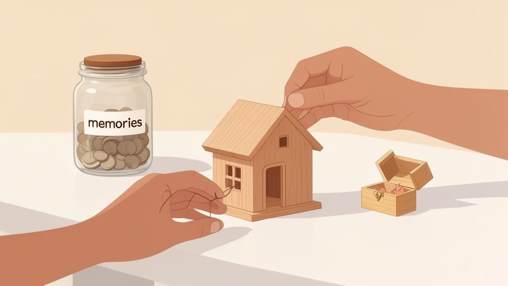Two hands are constructing a wooden miniature house, next to a jar of 'memories' and a small treasure chest.